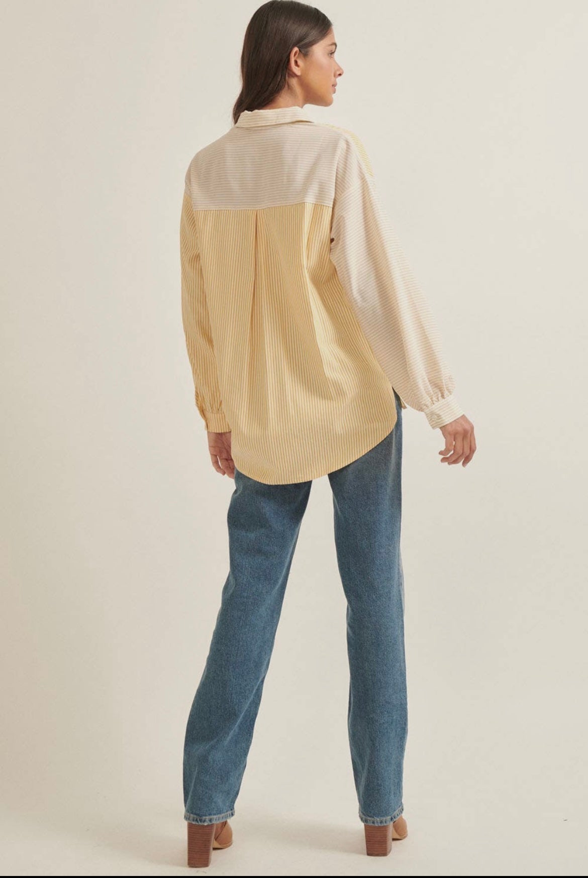 The Kloi Stripe Long Sleeve Round Hem Color Block Button-down Shirt