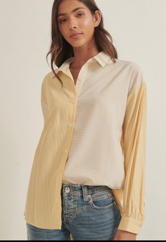 The Kloi Stripe Long Sleeve Round Hem Color Block  Button-down Shirt