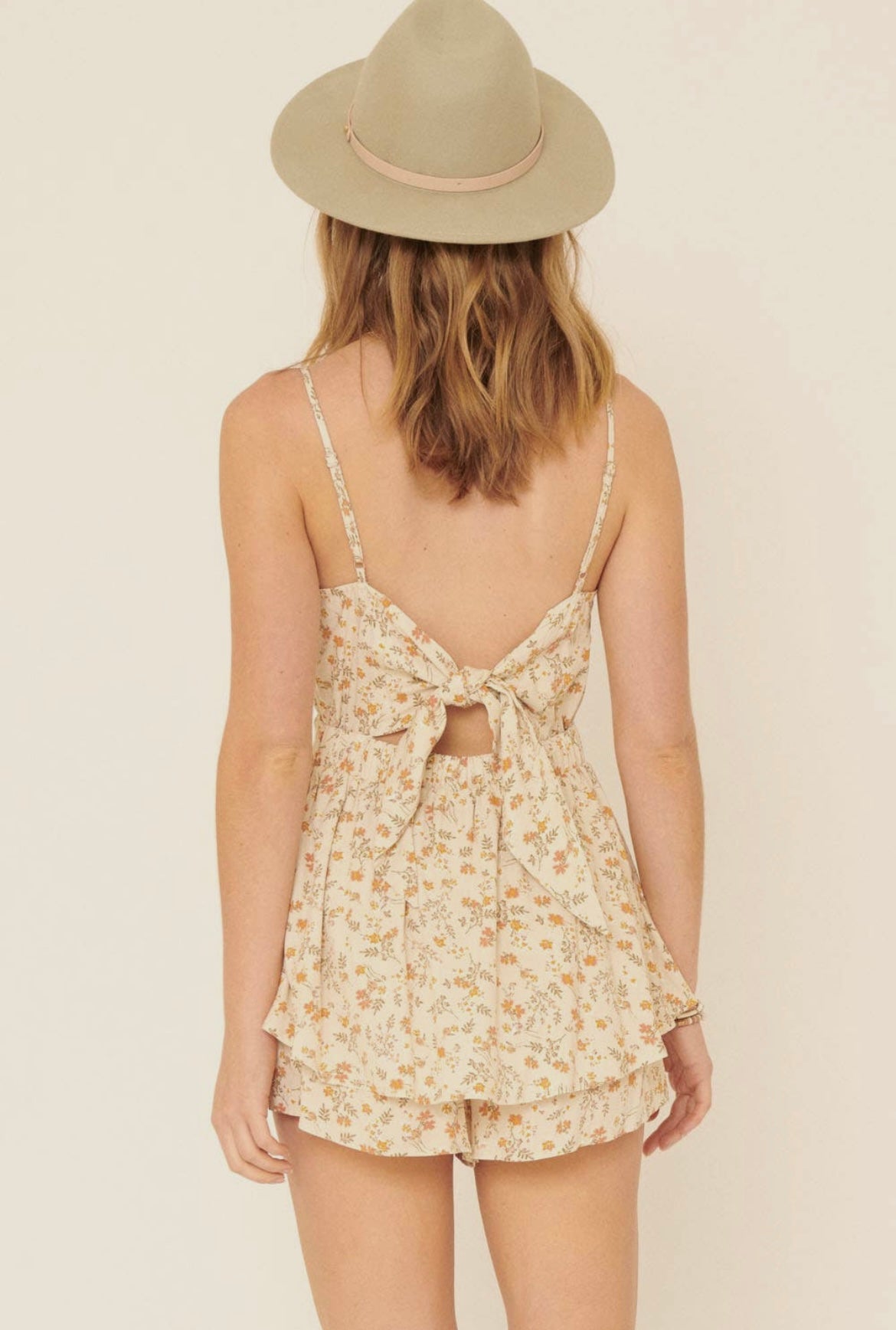 The Alie May Floral Straight Neck Cami Strap Self-Tie Romper