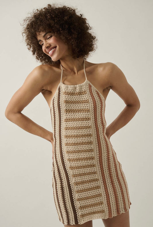 The Diahn Multi-Color Stripped Crochet Knit Halter Dress