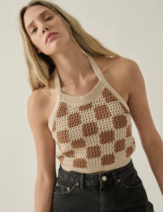 The Emily Checkered Crochet-Knit Tie Back Halter Top