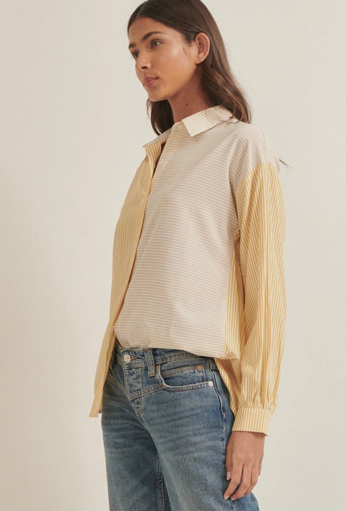 The Kloi Stripe Long Sleeve Round Hem Color Block  Button-down Shirt