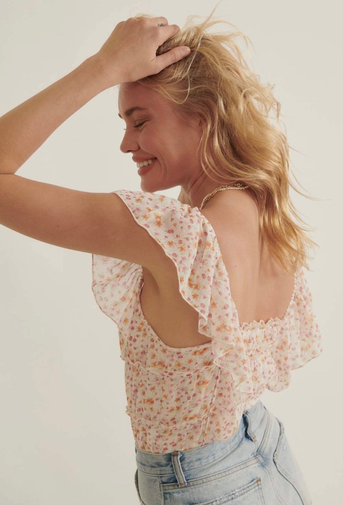 The Lane Floral Square Neck Gather Bodice Low Back Bodysuit