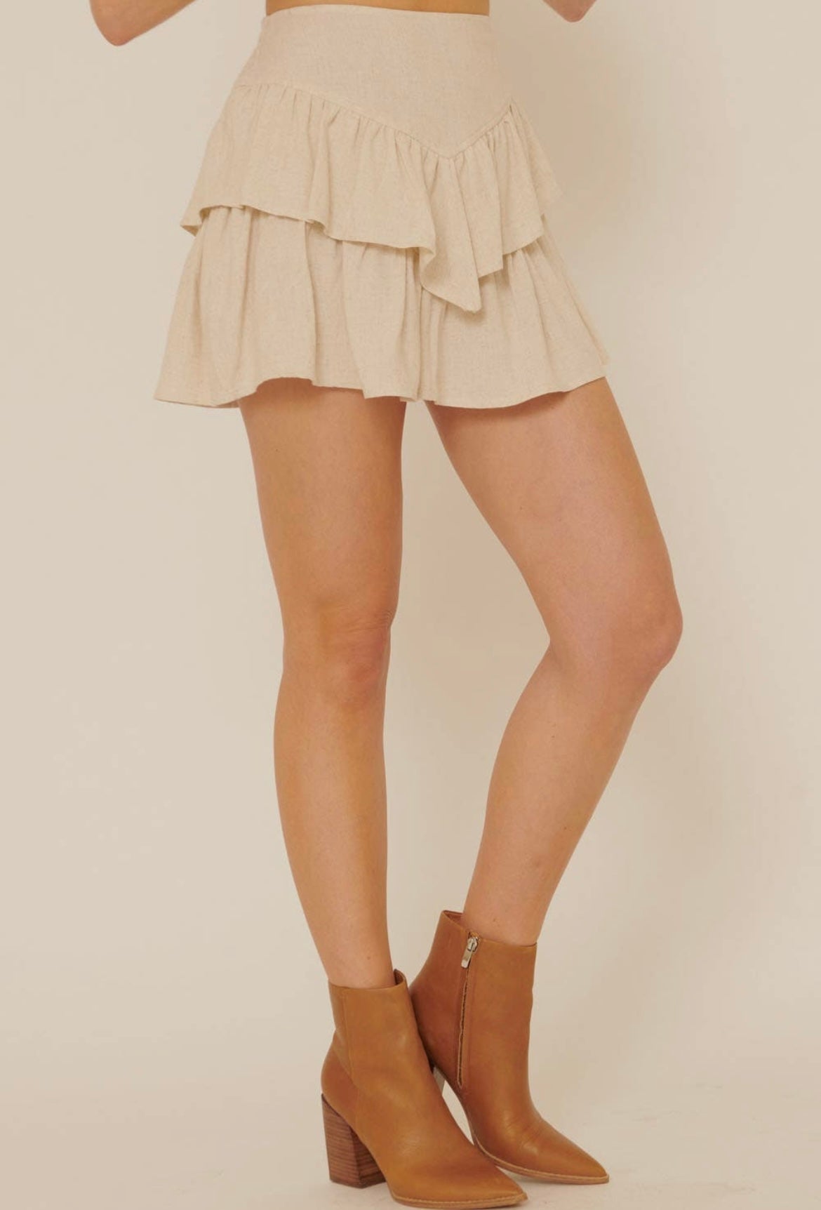 The Nichole Woven Ruffle Layer A-Line Mini Skirt Oatmeal